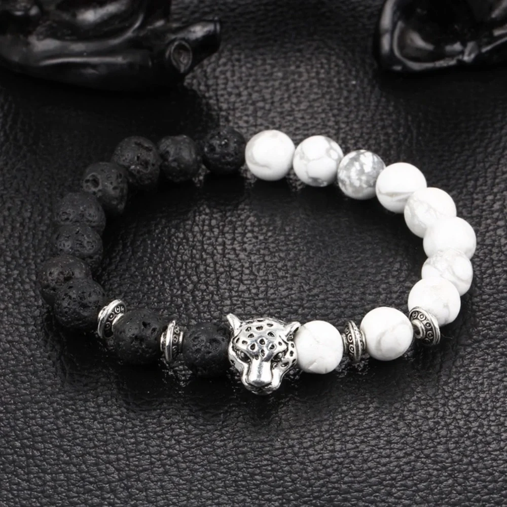 Lava Stone Pearl Marble Beaded Leopard Cat Bracelet